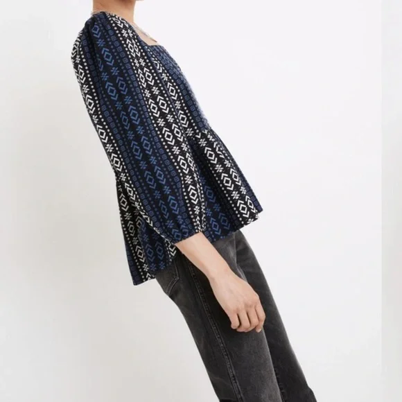XL Madewell Blue and White Geometric Peplum Top - Picture 11 of 15